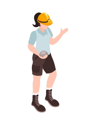 Female geologist wearing helmet and holding stone 3d isometric icon vector illustration
