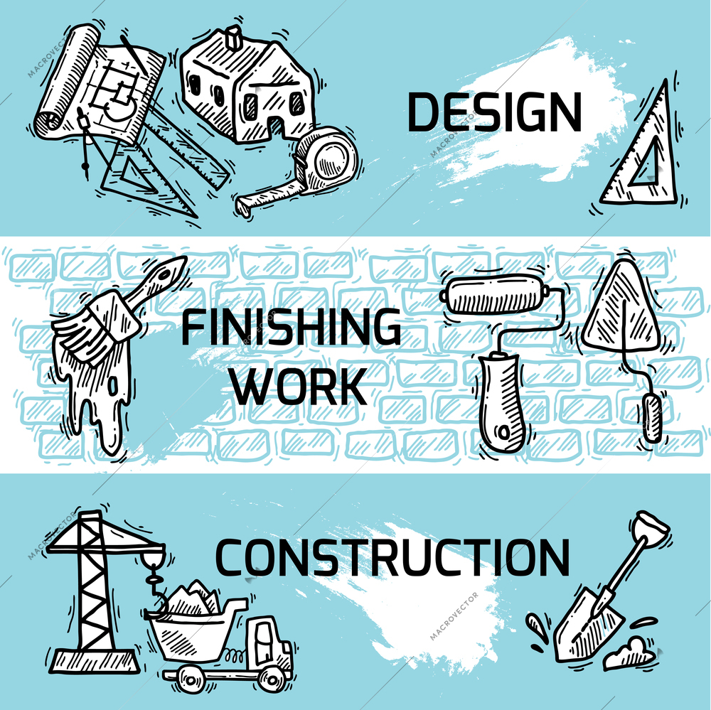 Construction sketch decorative banner set with design finishing work isolated vector illustration