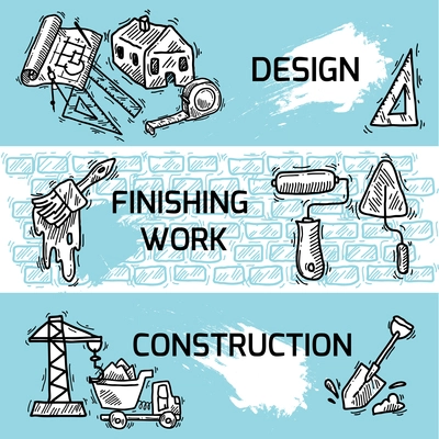 Construction sketch decorative banner set with design finishing work isolated vector illustration