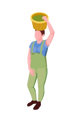 Tea picker in uniform carrying basket isometric icon vector illustration