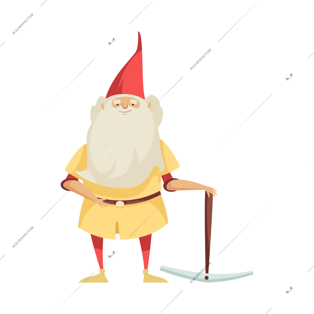 Bearded gnome with mattock fairy tale character flat vector illustration