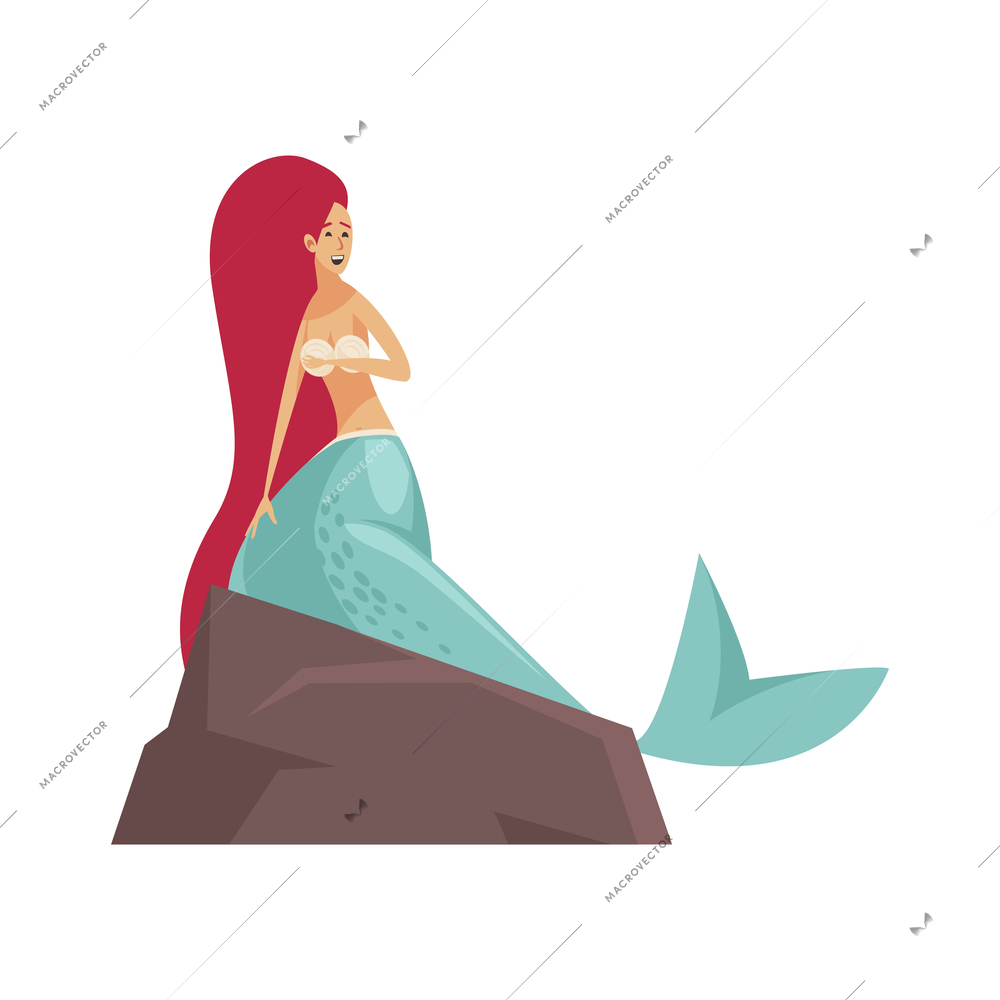 Happy red haired mermaid sitting on stone flat vector illustration