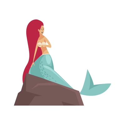 Happy red haired mermaid sitting on stone flat vector illustration