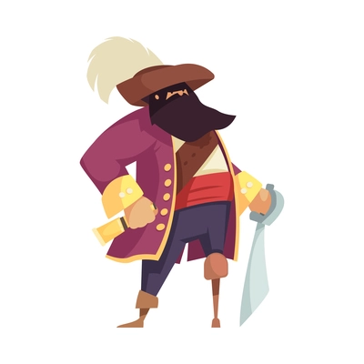 Pirate flat character with sword and wooden leg on white background vector illustration