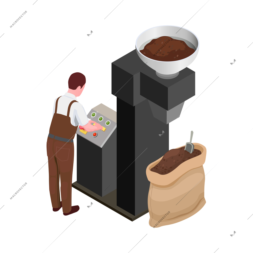 Coffee production isometric icon with factory worker equipment and bag of roasted beans 3d vector illustration