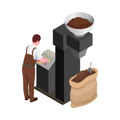 Coffee production isometric icon with factory worker equipment and bag of roasted beans 3d vector illustration