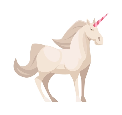 Cute white unicorn with pink horn fairy tale character flat vector illustration