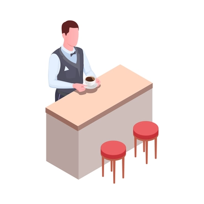 Male barista with cup of coffee at bar counter isometric icon vector illustration