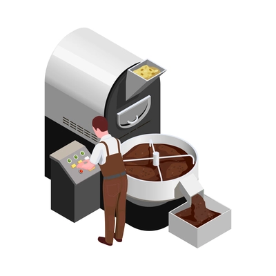 Coffee production roasting beans process isometric icon with character of worker and factory equipment 3d vector illustration