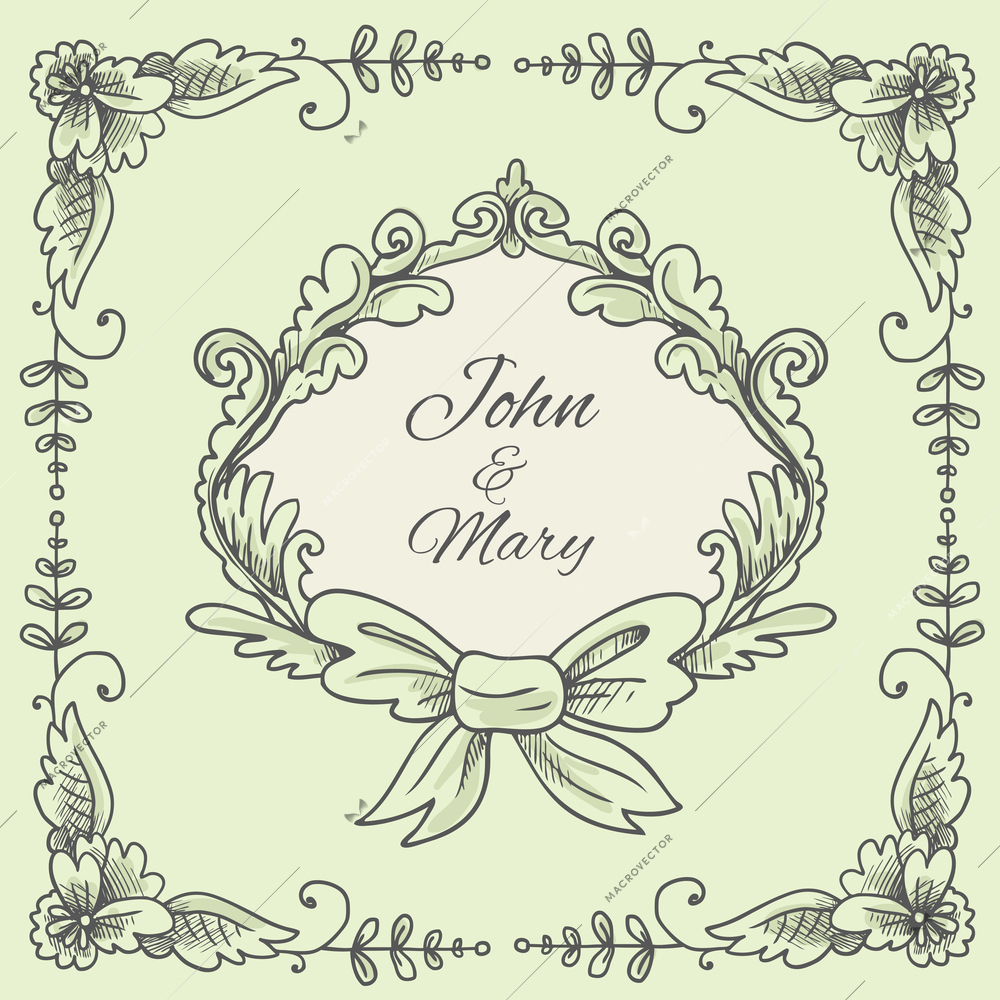 Wedding wreath with calligraphy vignette floral frame greeting postcard sketch vector illustration