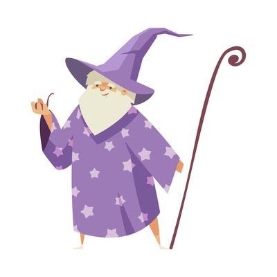 Kind old bearded wizard holding stick and smoking pipe flat vector illustration