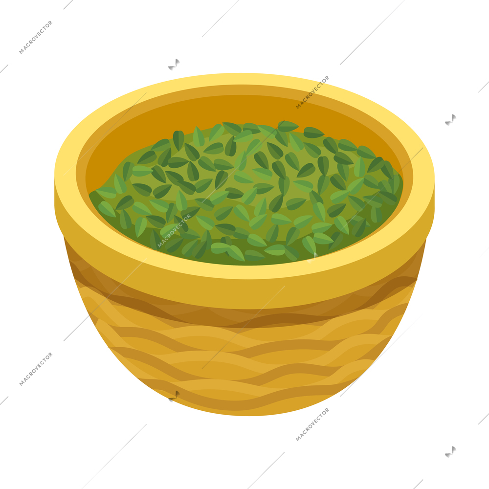 Basket with plucked green tea leaves on white background 3d isometric vector illustration