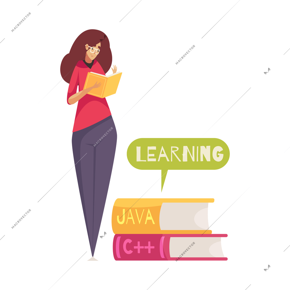 Programmer education learning flat icon with female character and books vector illustration