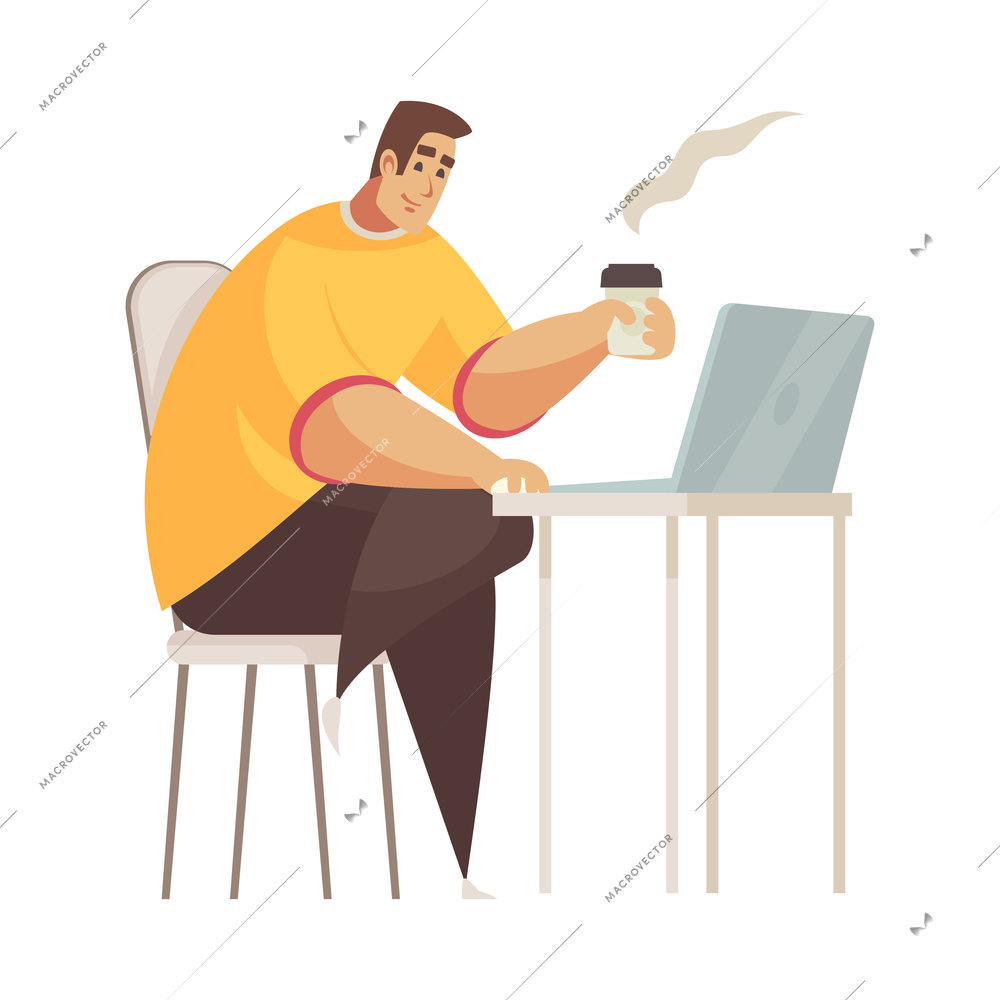 Happy male programmer working on laptop and drinking hot coffee from plastic cup flat vector illustration