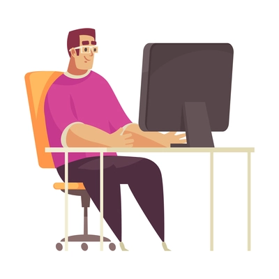 Male programmer in glasses working on computer in his office flat vector illustration