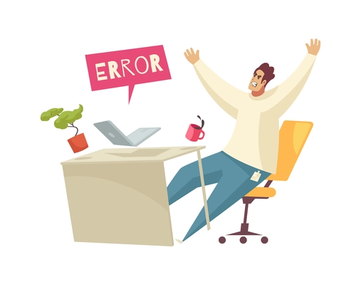 Angry male programmer at his work place and program error flat vector illustration
