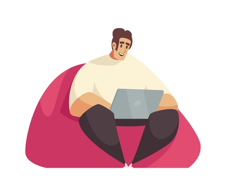 Happy male programmer working on laptop sitting in soft pink armchair flat vector illustration