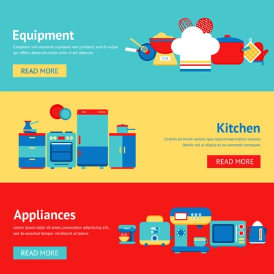 Kitchen appliances and equipment flat banner set with coffee machine mixer fridge isolated vector illustration