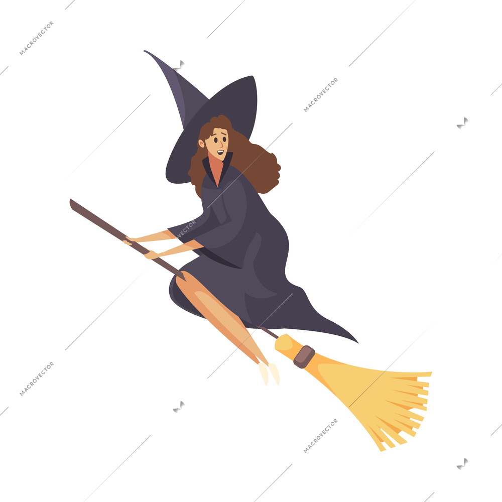 Smiling witch wearing hat flying on broom flat vector illustration