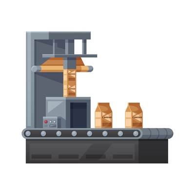 Coffee production factory packing equipment cartoon vector illustration