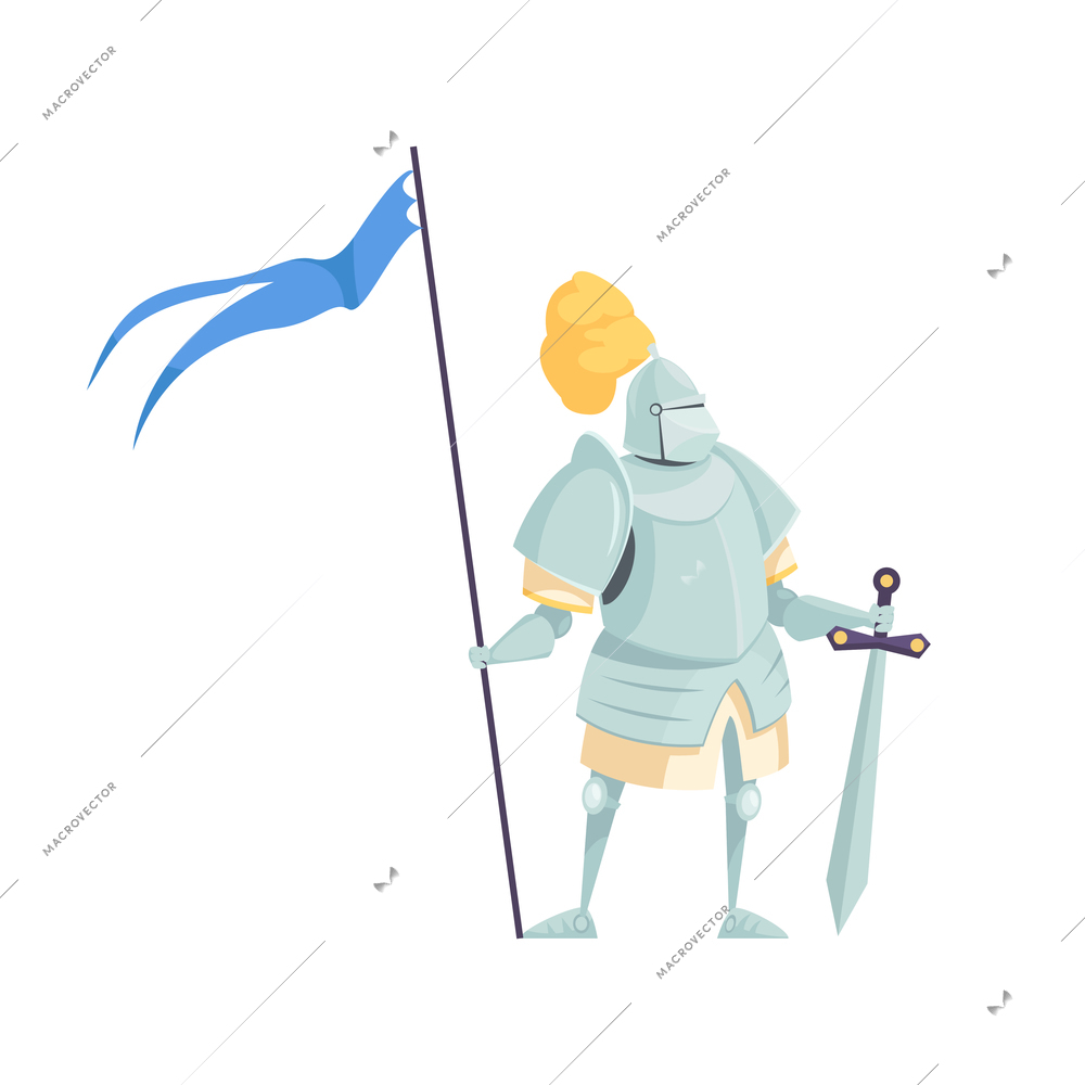 Fairy tale character icon with knight wearing armor with sword and flag flat vector illustration