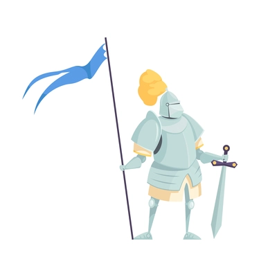 Fairy tale character icon with knight wearing armor with sword and flag flat vector illustration