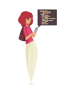 Happy female programmer with smartphone and program window on white background flat vector illustration