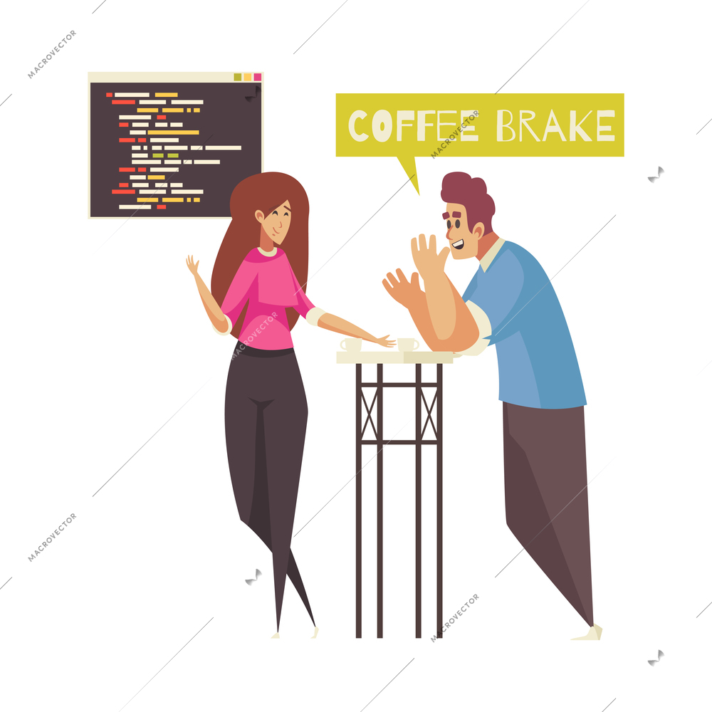 Two male and female programmers communicating during coffee break at work flat vector illustration