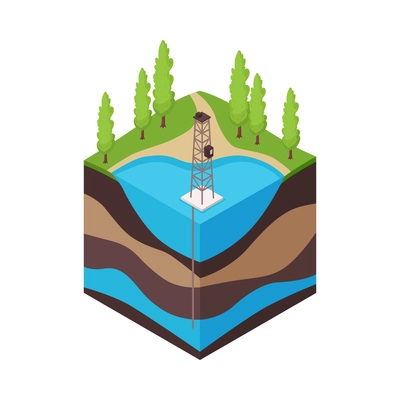 Water extraction process isometric icon with soil layers 3d vector illustration