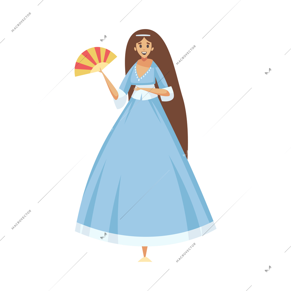 Happy long haired pricess wearing blue dress with fan fairy tale character flat vector illustration