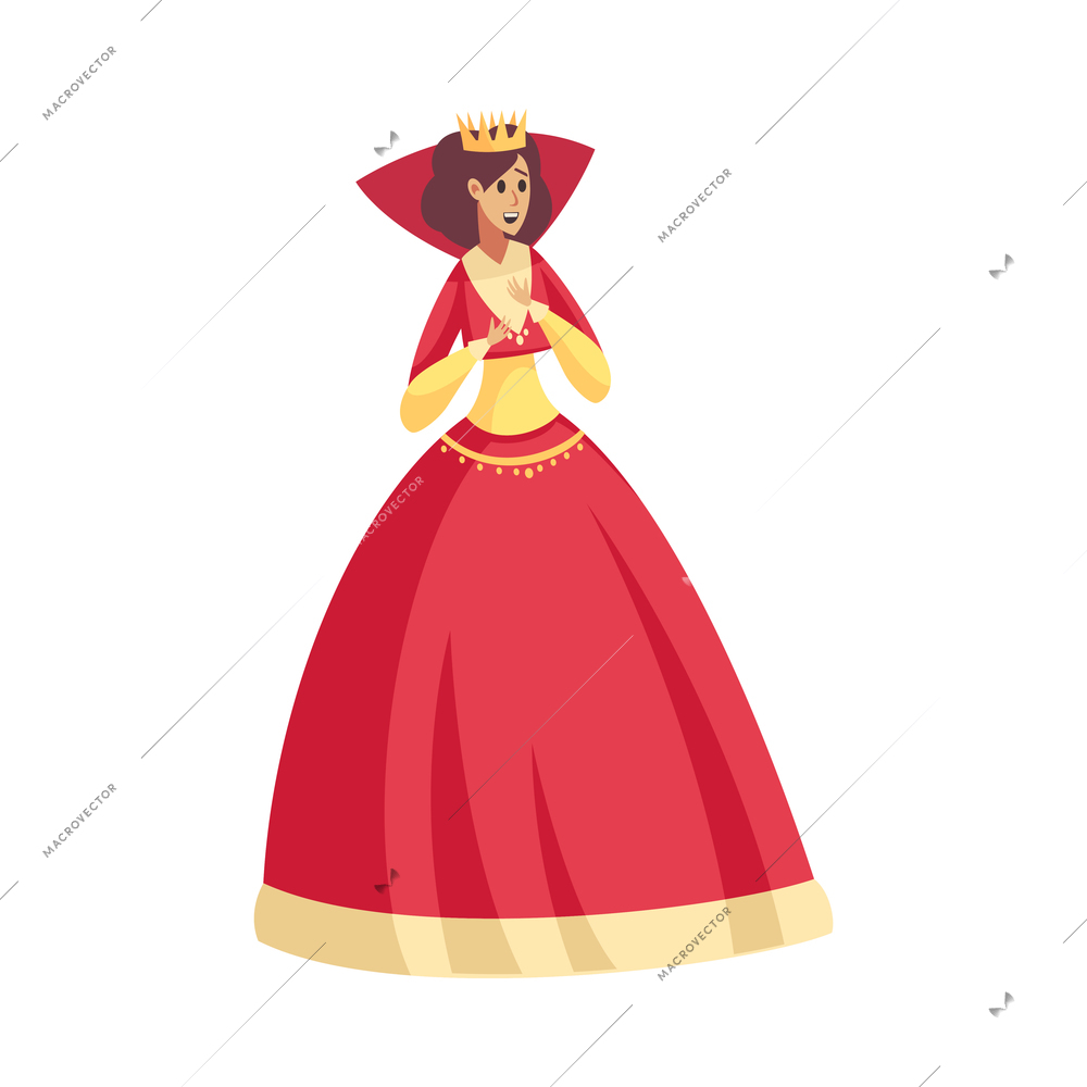 Happy queen wearing crown flat fairy tale character on white background vector illustration