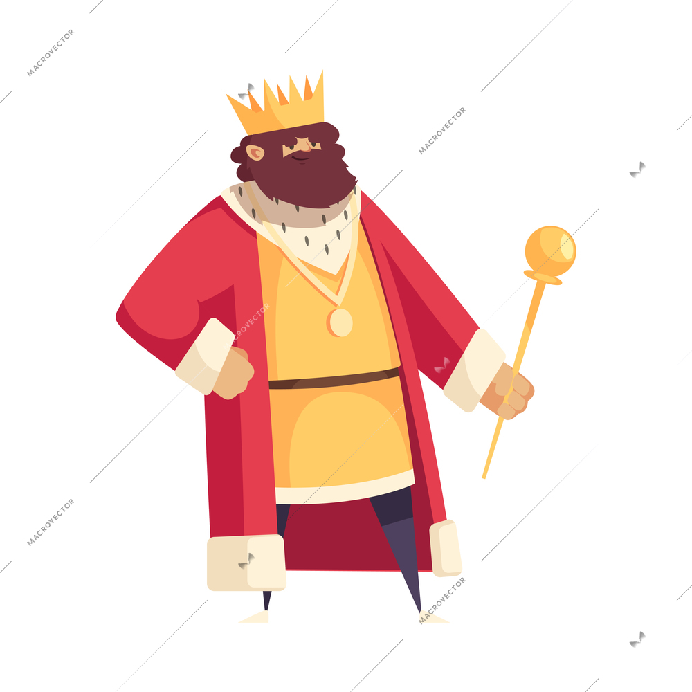 Smiling bearded fairy tale king holding scepter flat vector illustration