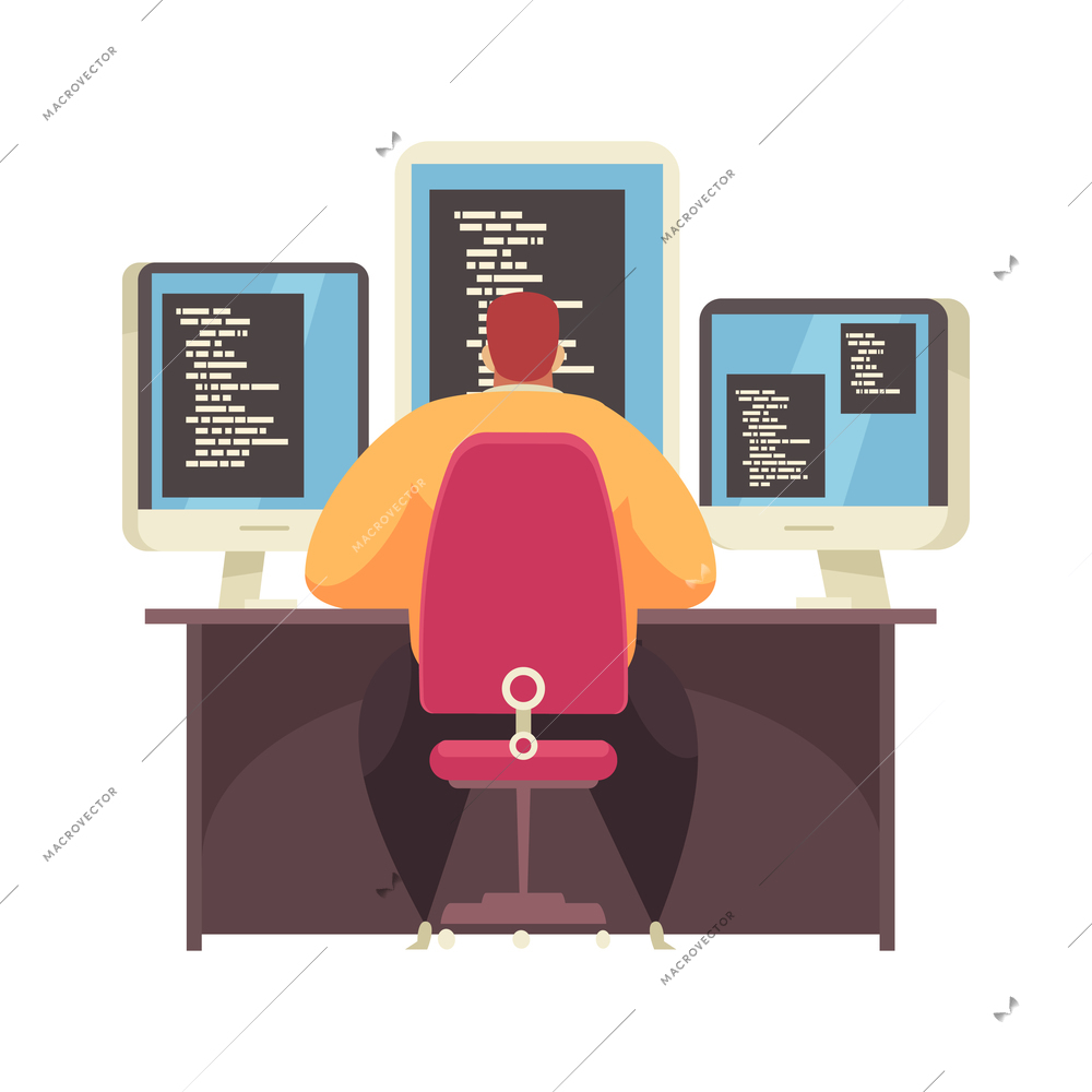 Male programmer working at desk with three computer monitors back view flat vector illustration