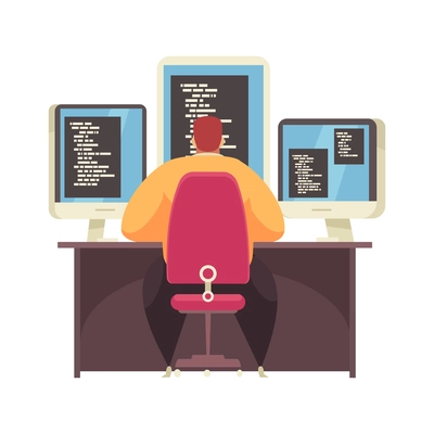 Male programmer working at desk with three computer monitors back view flat vector illustration