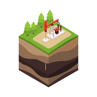 Isometric icon with soil layers and extraction of petroleum process with oil derrick pump 3d vector illustration