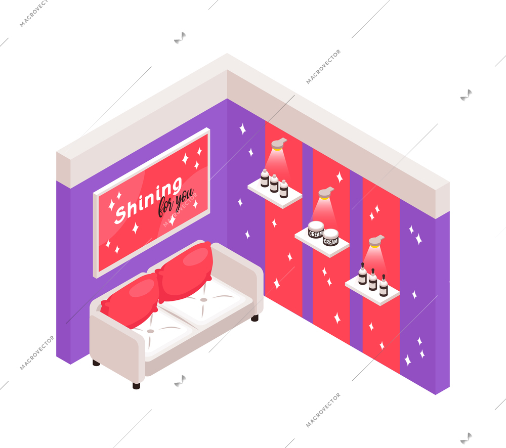 Trade show interior isometric icon with beauty products on shelves and sofa for visitors vector illustration