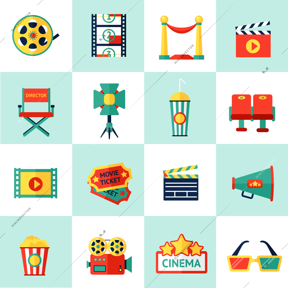 Cinema filmmaking icons set with film equipment and movie production isolated vector illustration