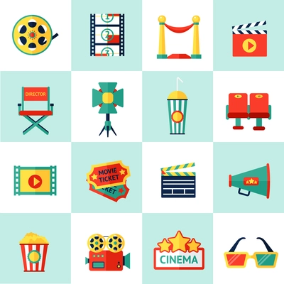 Cinema filmmaking icons set with film equipment and movie production isolated vector illustration