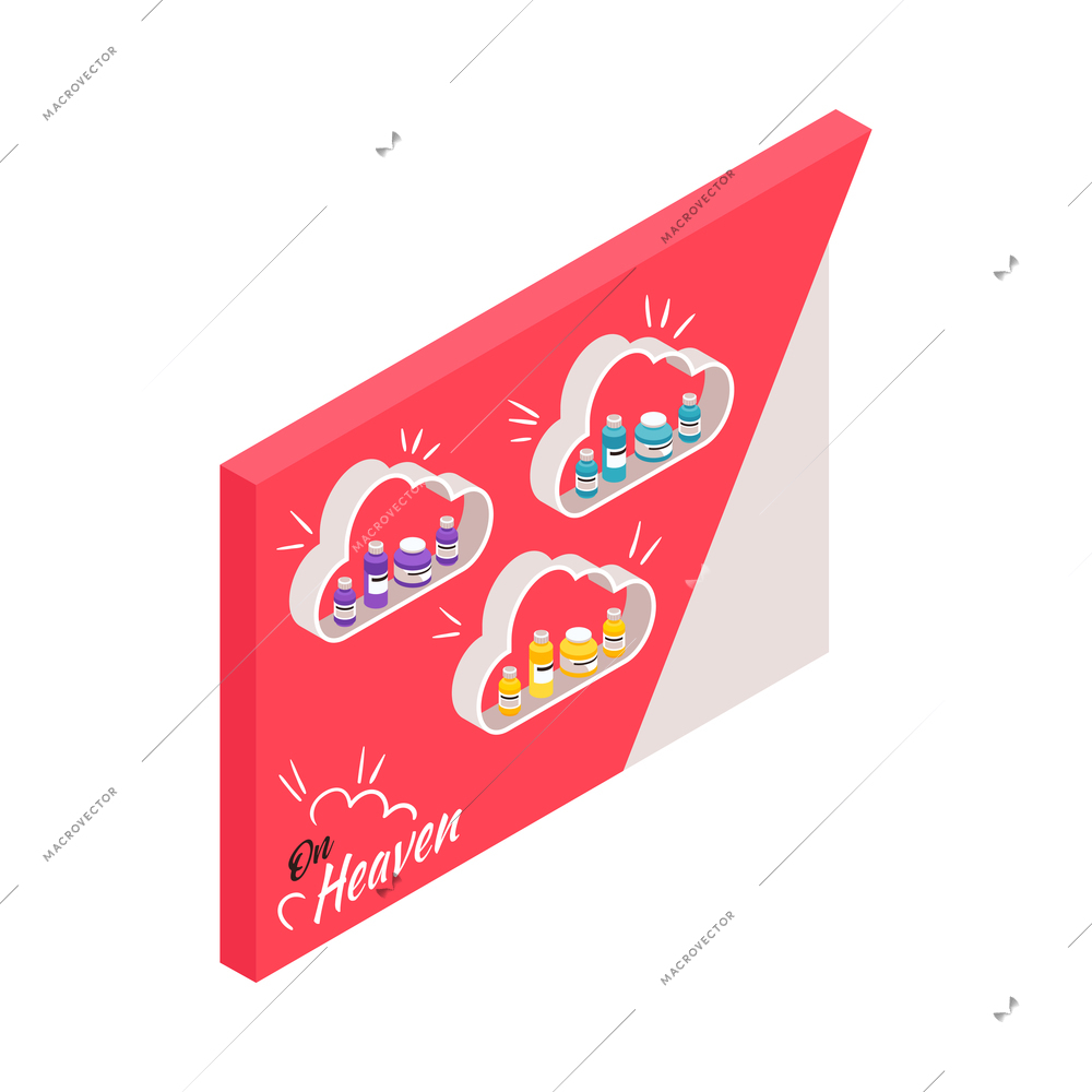 Isometric icon with promotional beauty products on expo stand at trade show exhibition 3d vector illustration