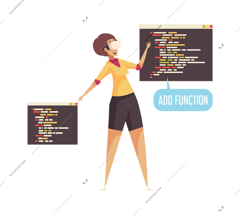 Excited female programmer using vr headset and two program windows on white background flat vector illustration