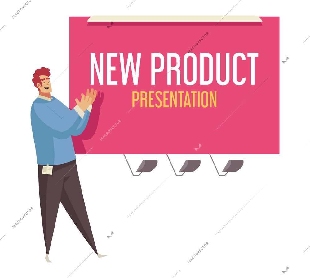 Happy male character going to give presentation of new product on screen flat vector illustration