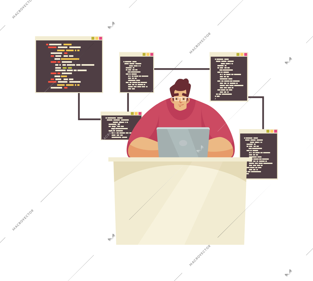 Male programmer working on laptop flat vector illustration