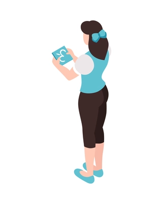 Trade show female visitor holding advertising leaflet isometric icon on white background vector illustration