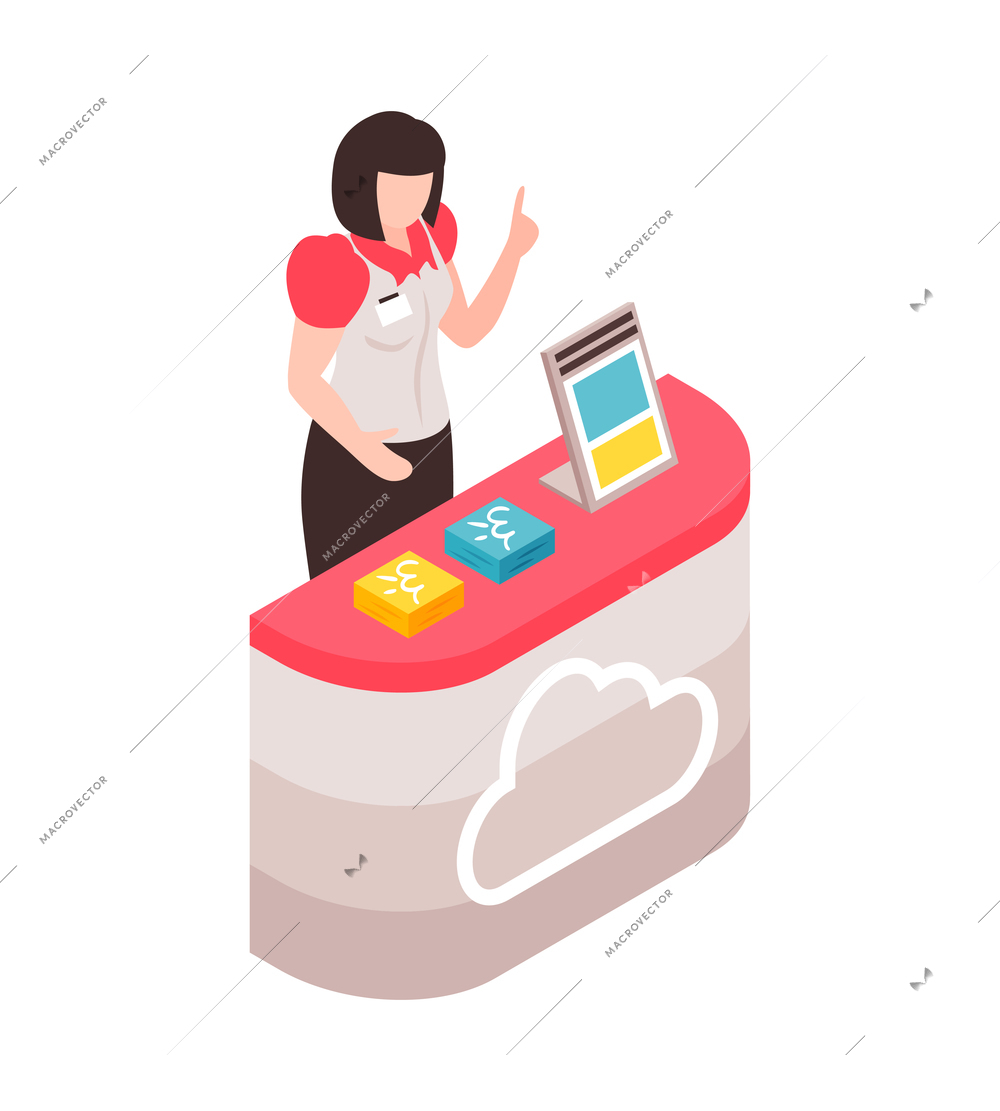 Isometric trade show icon with woman handing out advertising leaflets 3d vector illustration