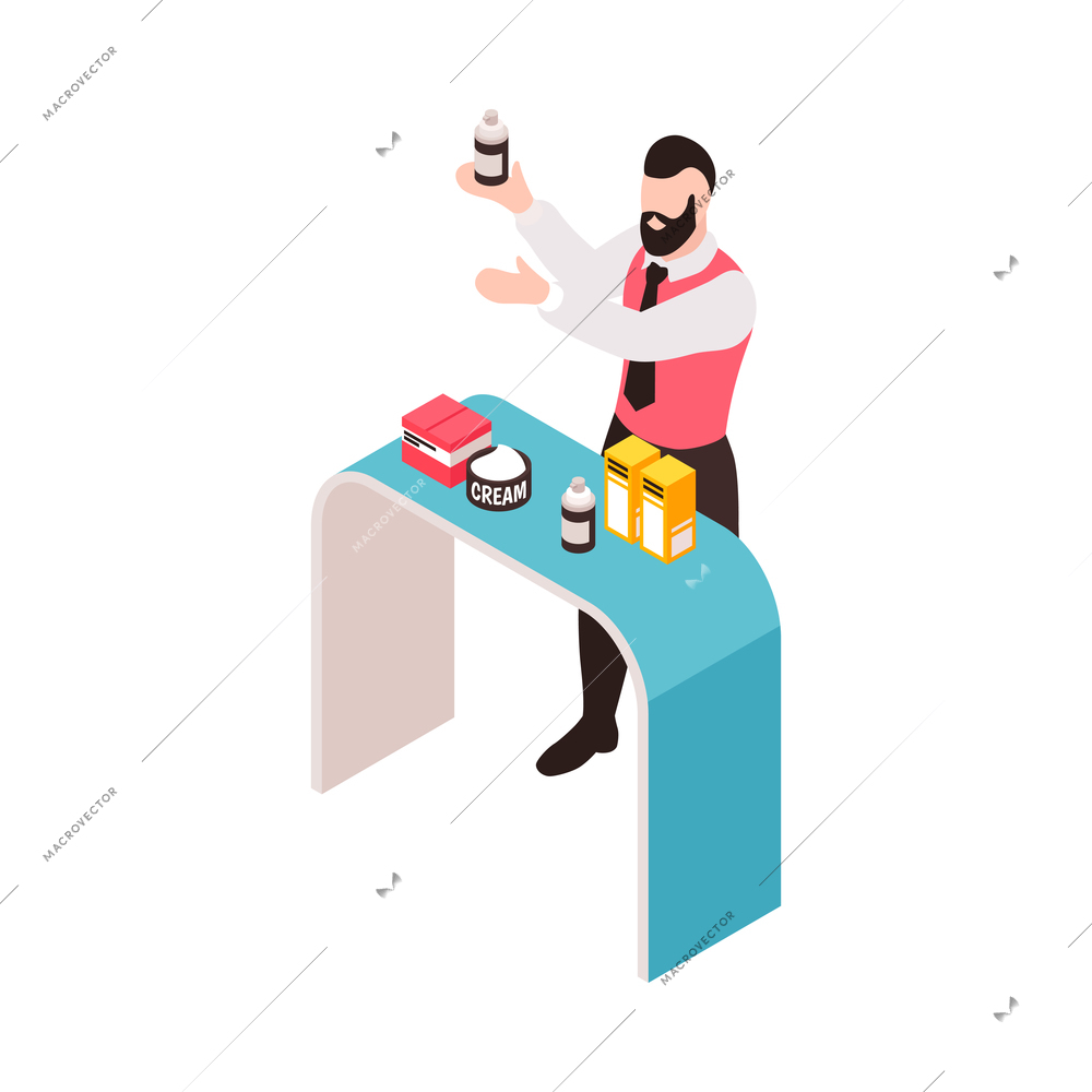 Trade show isometric icon with bearded promoter advertising new cosmetic products 3d vector illustration