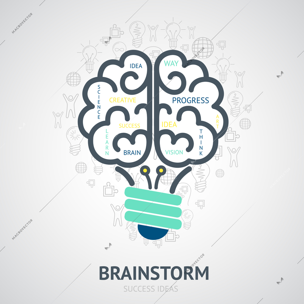 Idea brainstorm design concept with creative vision symbols in lightbulb brain shape vector illustration