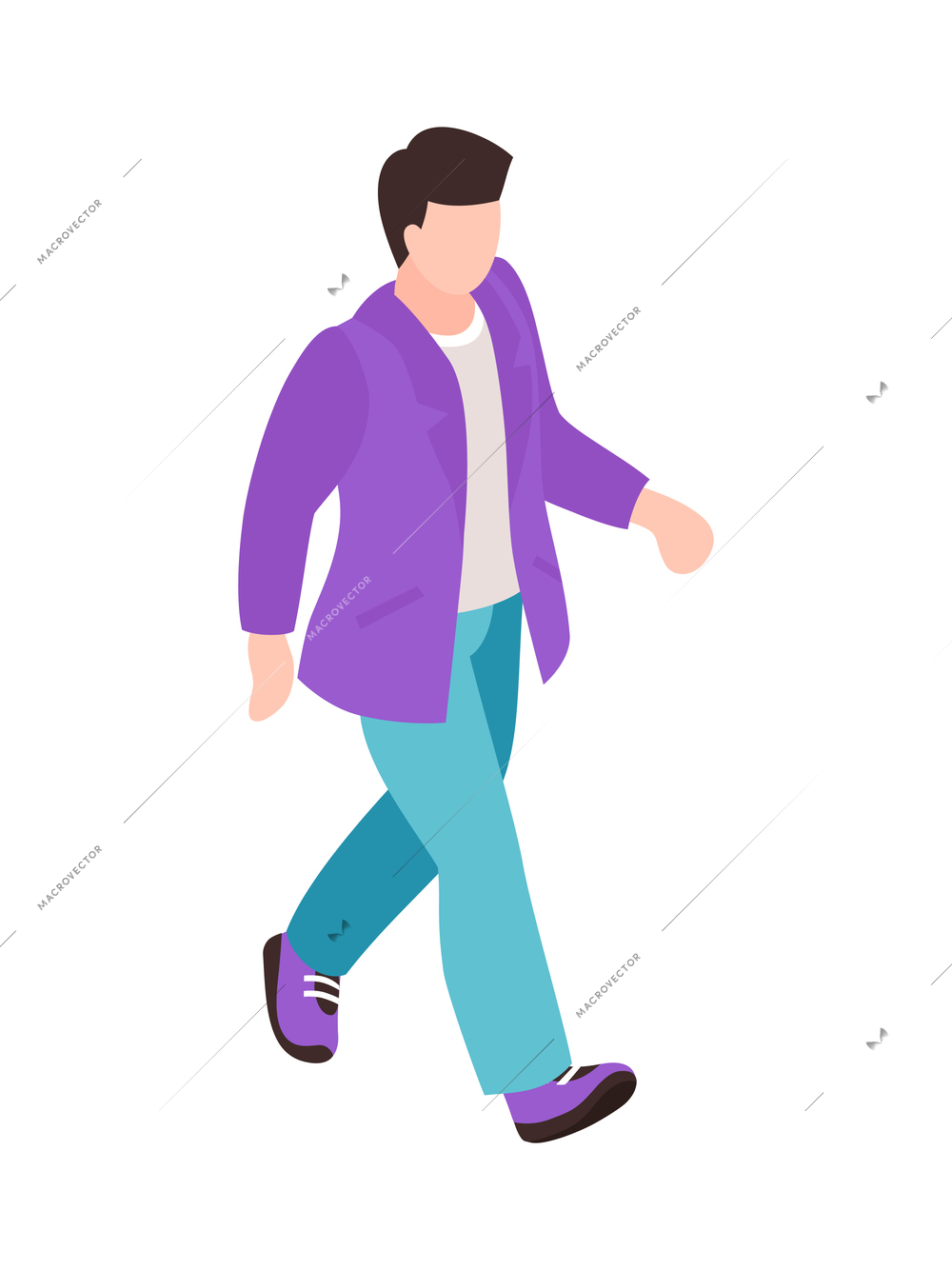 Walking man in purple jacket and shoes isometric character on white background vector illustration