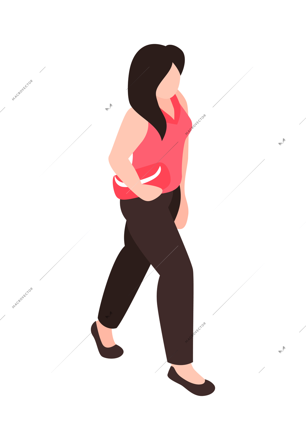 Isometric faceless character of young woman walking with clutch 3d vector illustration