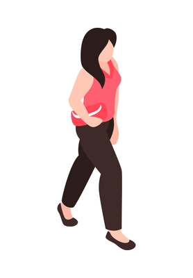 Isometric faceless character of young woman walking with clutch 3d vector illustration