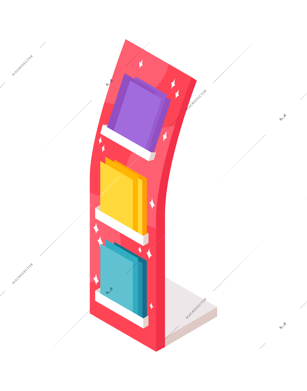 Expo stand with colorful brochures or catalogues at trade show 3d isometric icon vector illustration